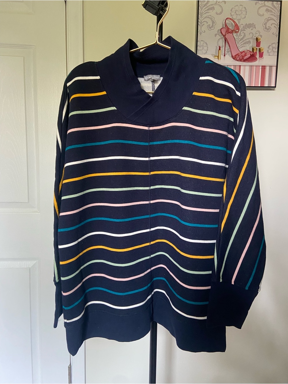 Talbots Navy Striped Knit Top with Multicolor Accents